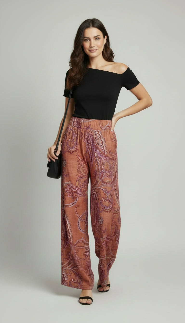 Mid Rise Straight Leg Pull-on Printed Palazzo - P2016