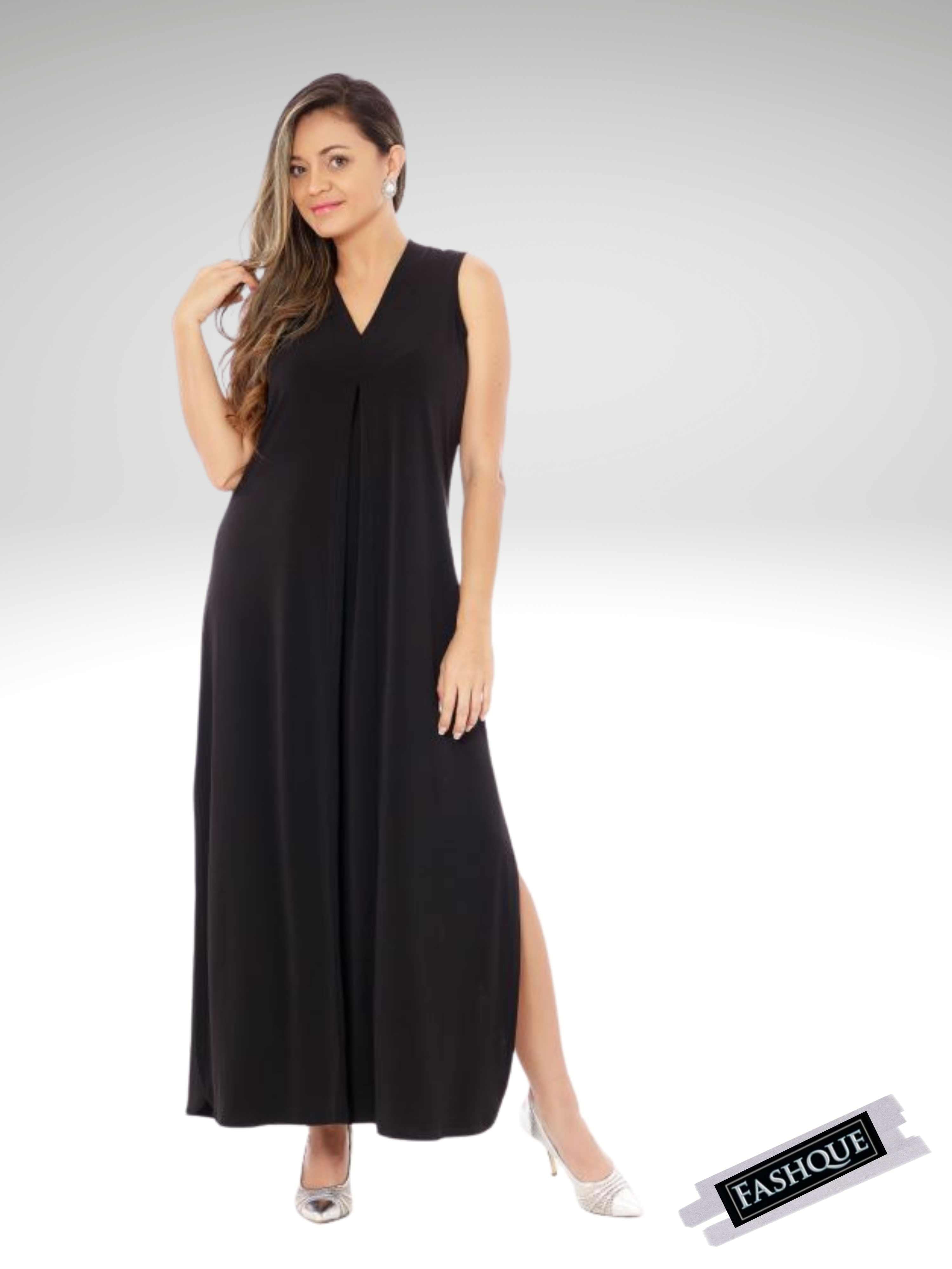 FASHQUE - Sheath Silhouette V-Neckline Side Slit Maxi Dress - D052
