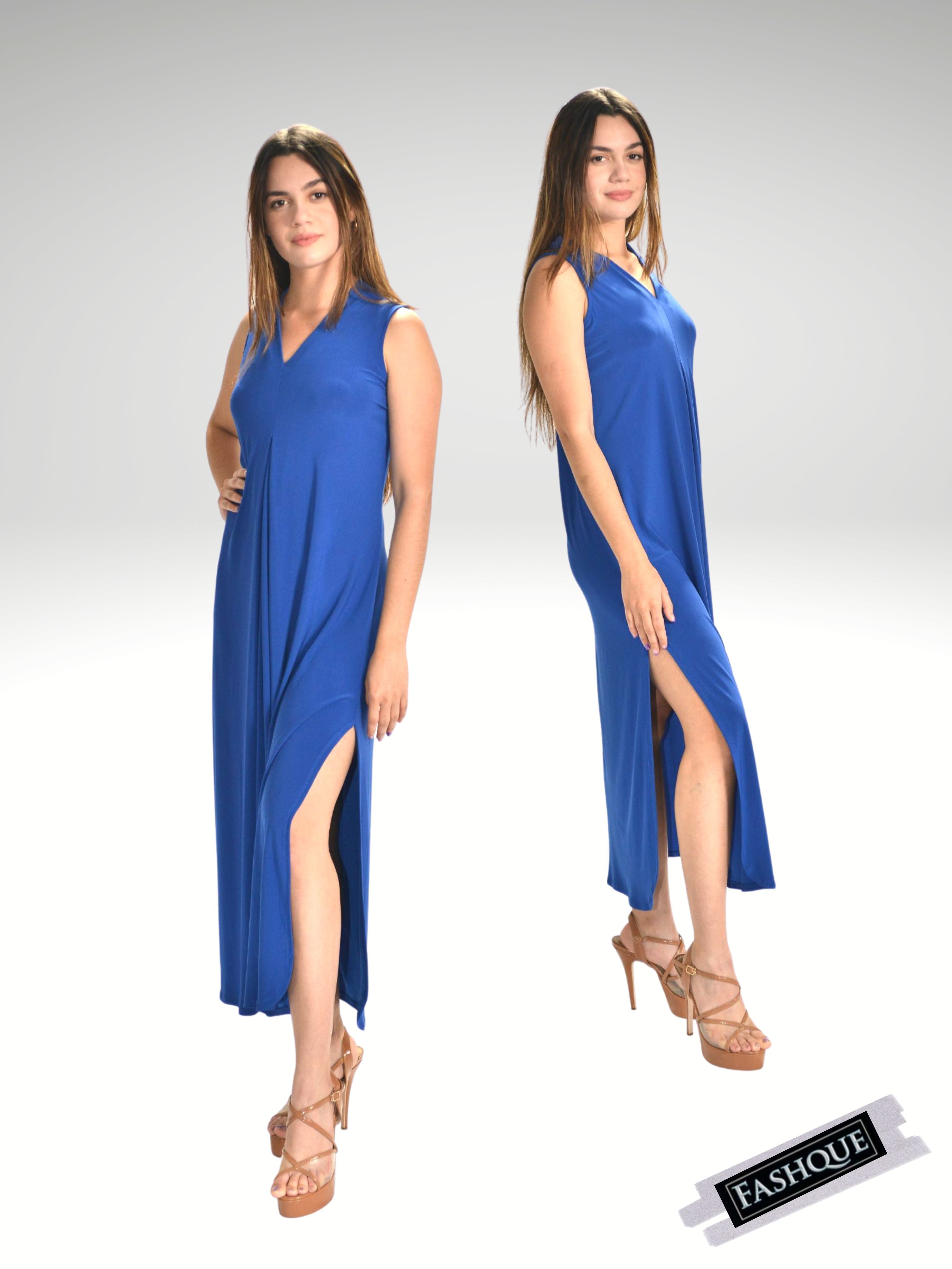 FASHQUE - Sheath Silhouette V-Neckline Side Slit Maxi Dress - D052