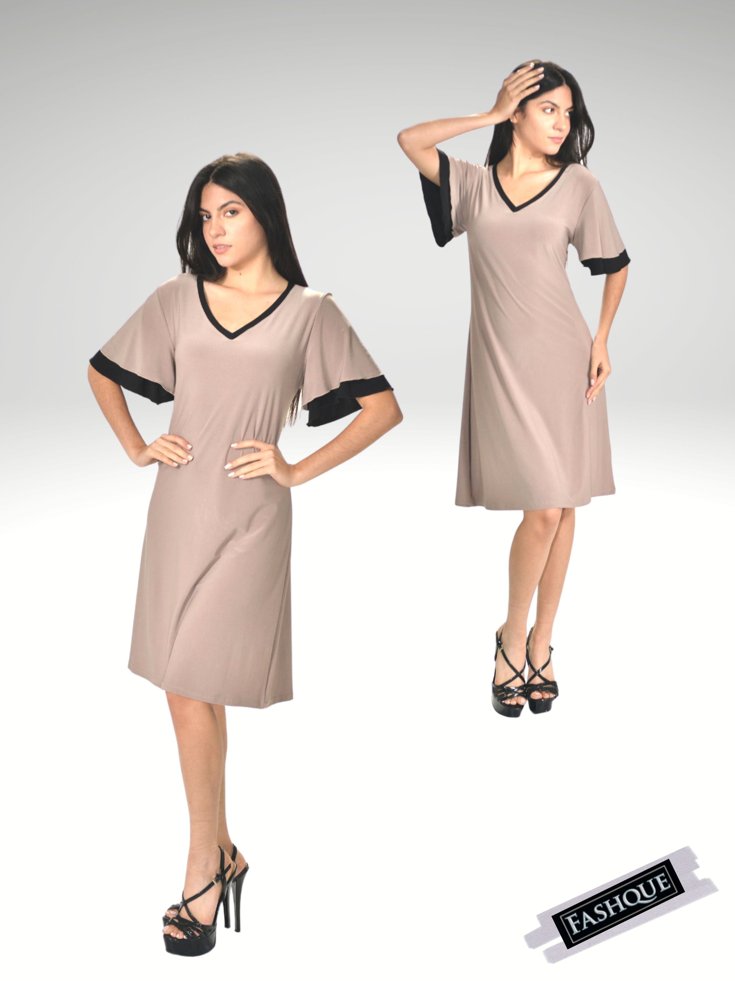 FASHQUE - Double layered Bell Sleeves Knee length Midi Dress - D078 SALE