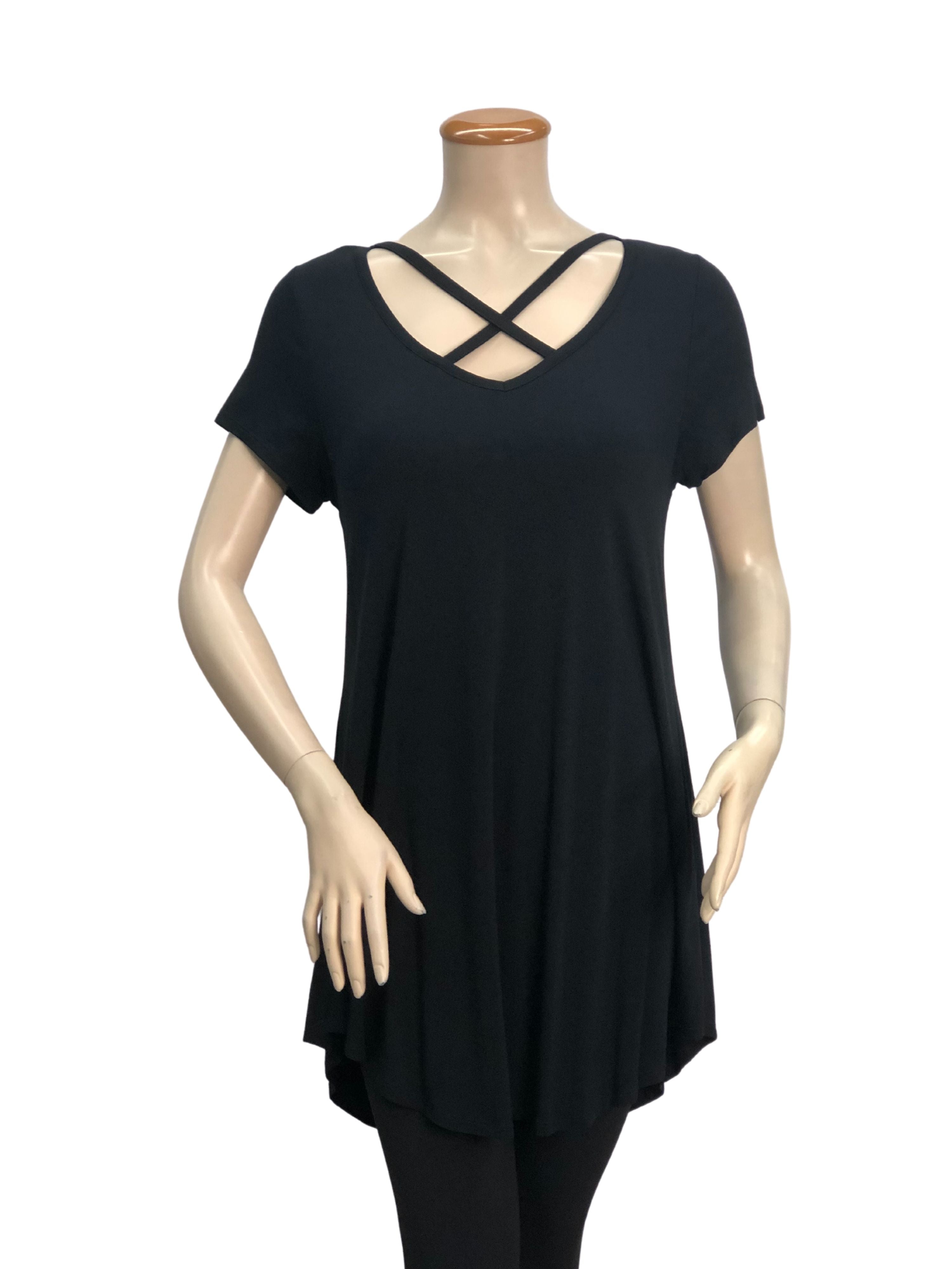 FASHQUE - Criss Cross Front Short Sleeve Tunic Top - S#1604M