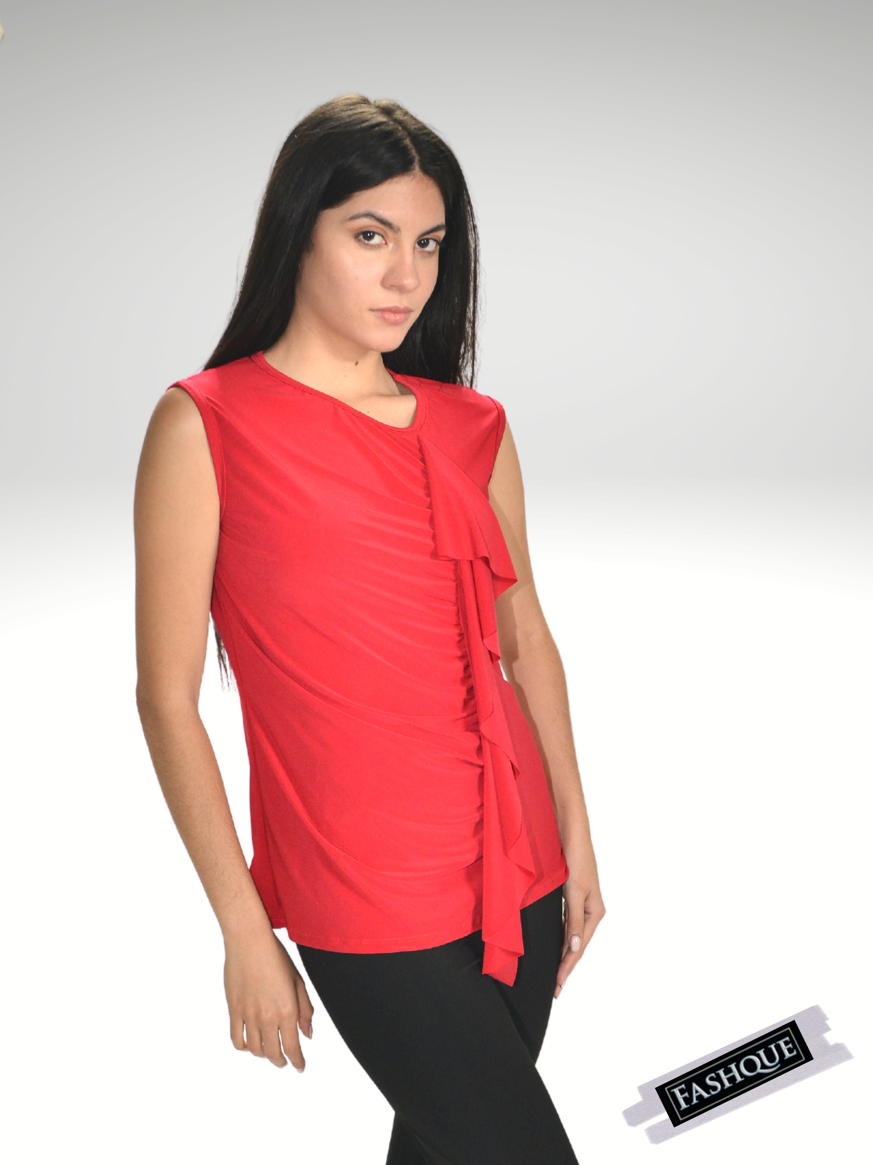 Round neck Ruffle on side sleeveless with rushing Top - T456
