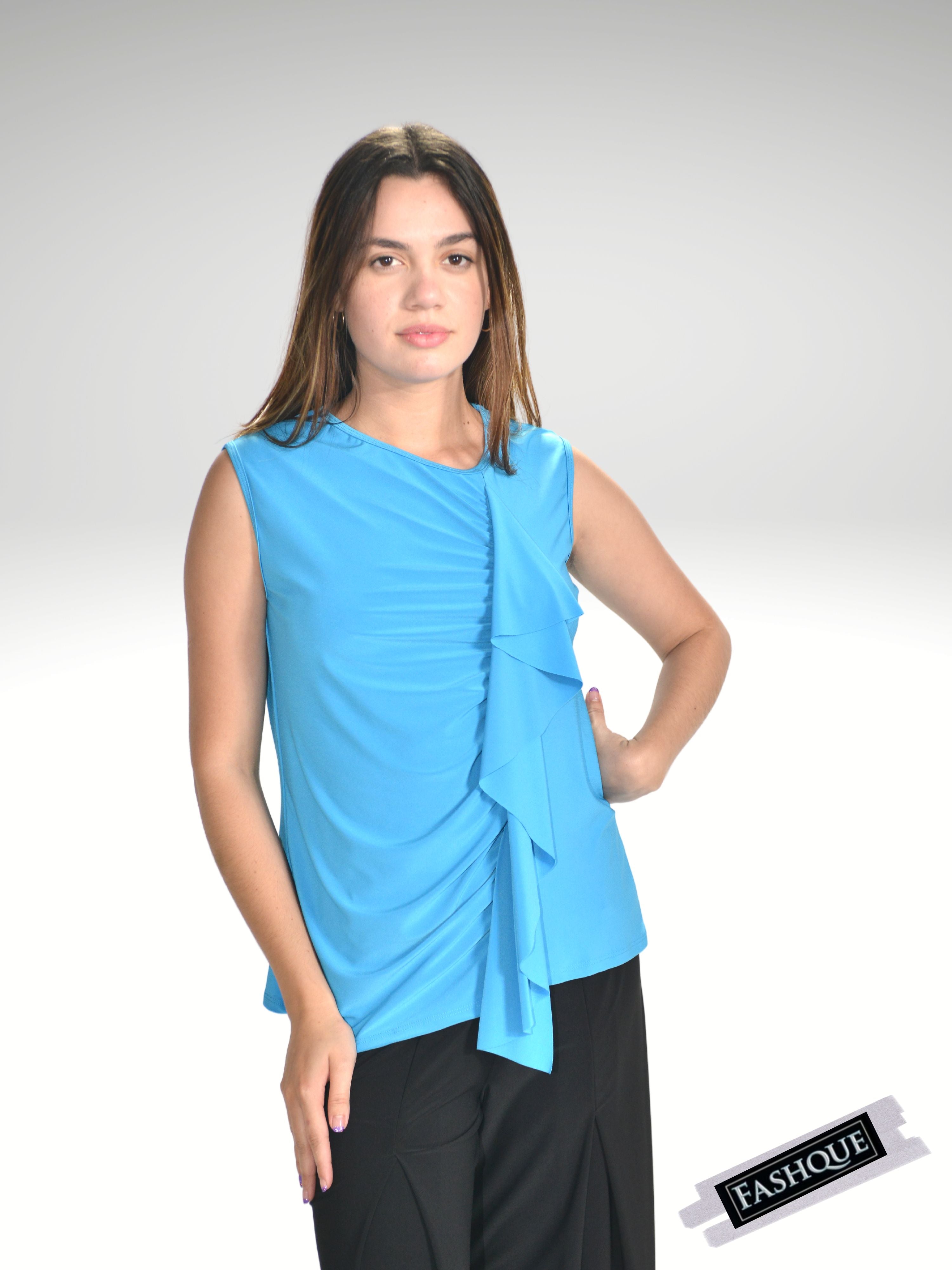 Round neck Ruffle on side sleeveless with rushing Top - T456