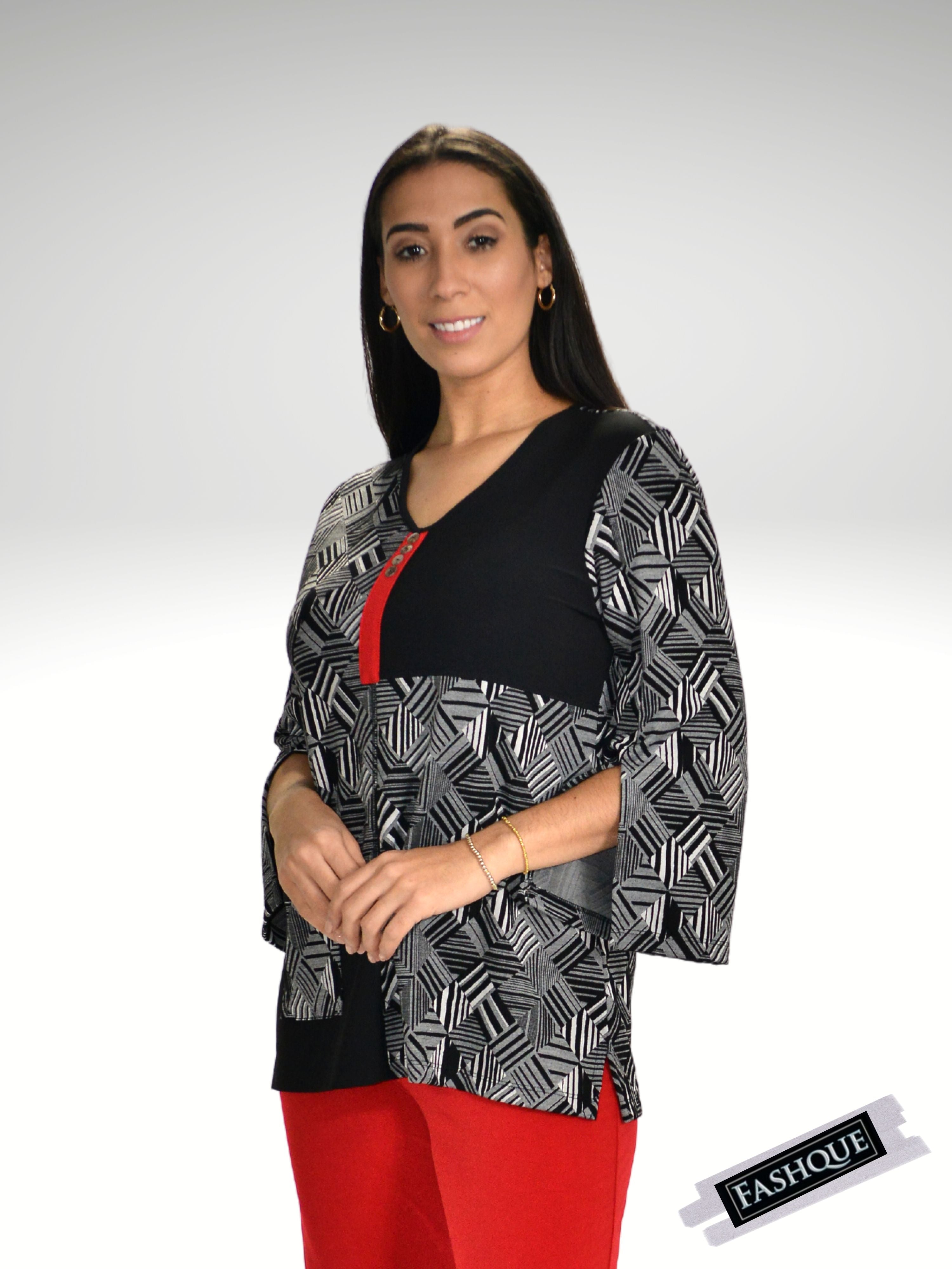 FASHQUE - 3/4 Slit Sleeve Printed V Neck half Placket color block Tunic Top with buttons and elegant pocket - T607