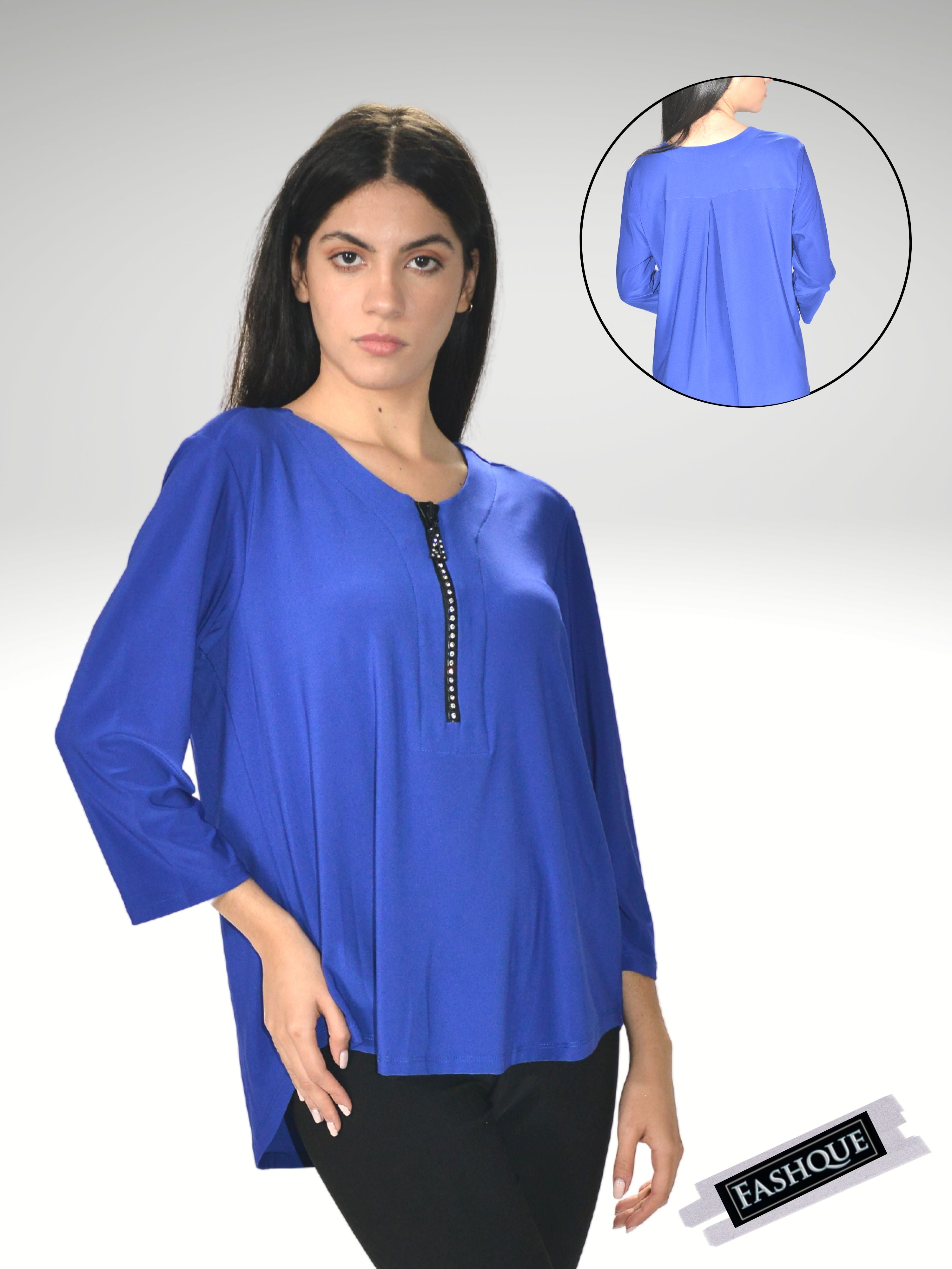 FASHQUE - CRYSTAL Zipper Front V Neck 3/4 Sleeve Tunic Top - T610