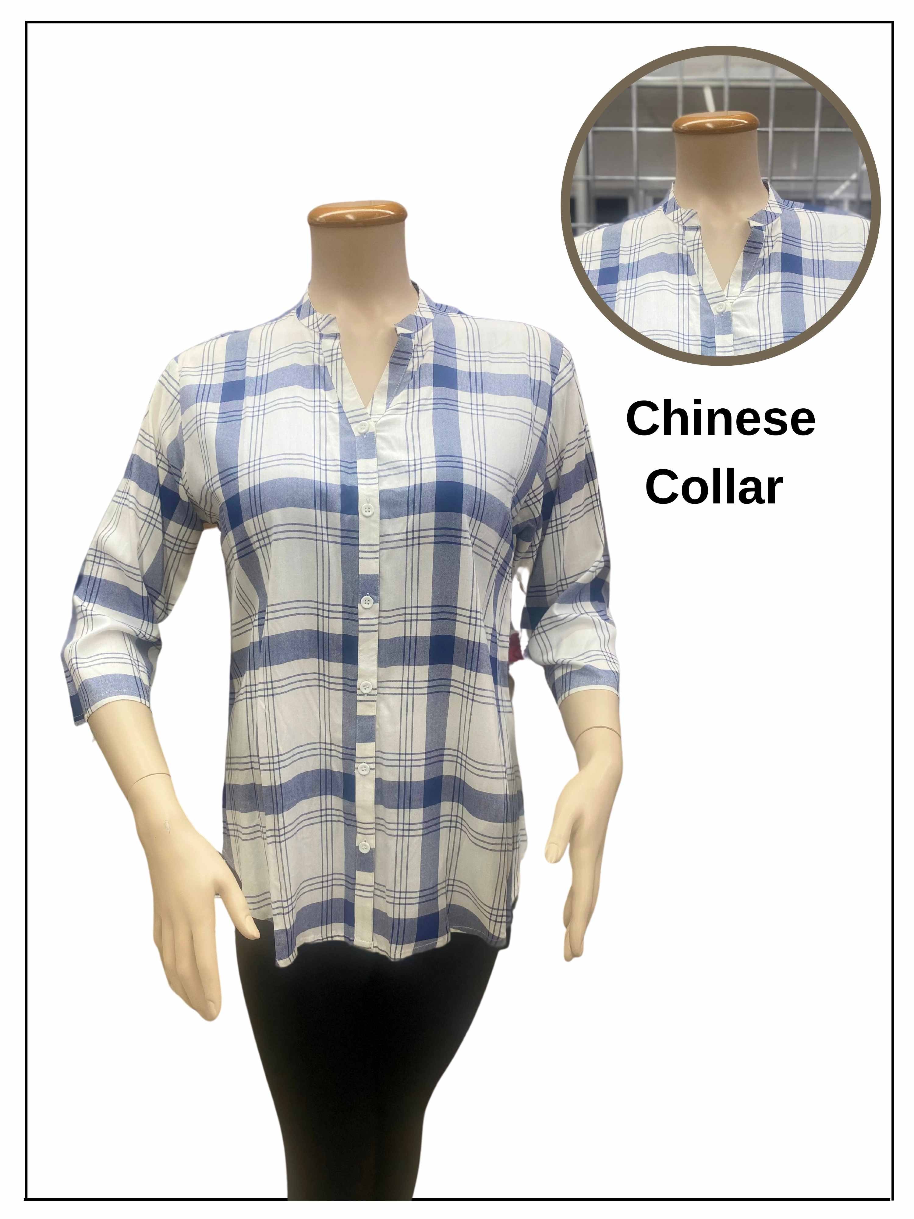 FASHQUE - V NECK CHINESE COLLAR 3/4 SLEEVE CHECKS TOP - T701