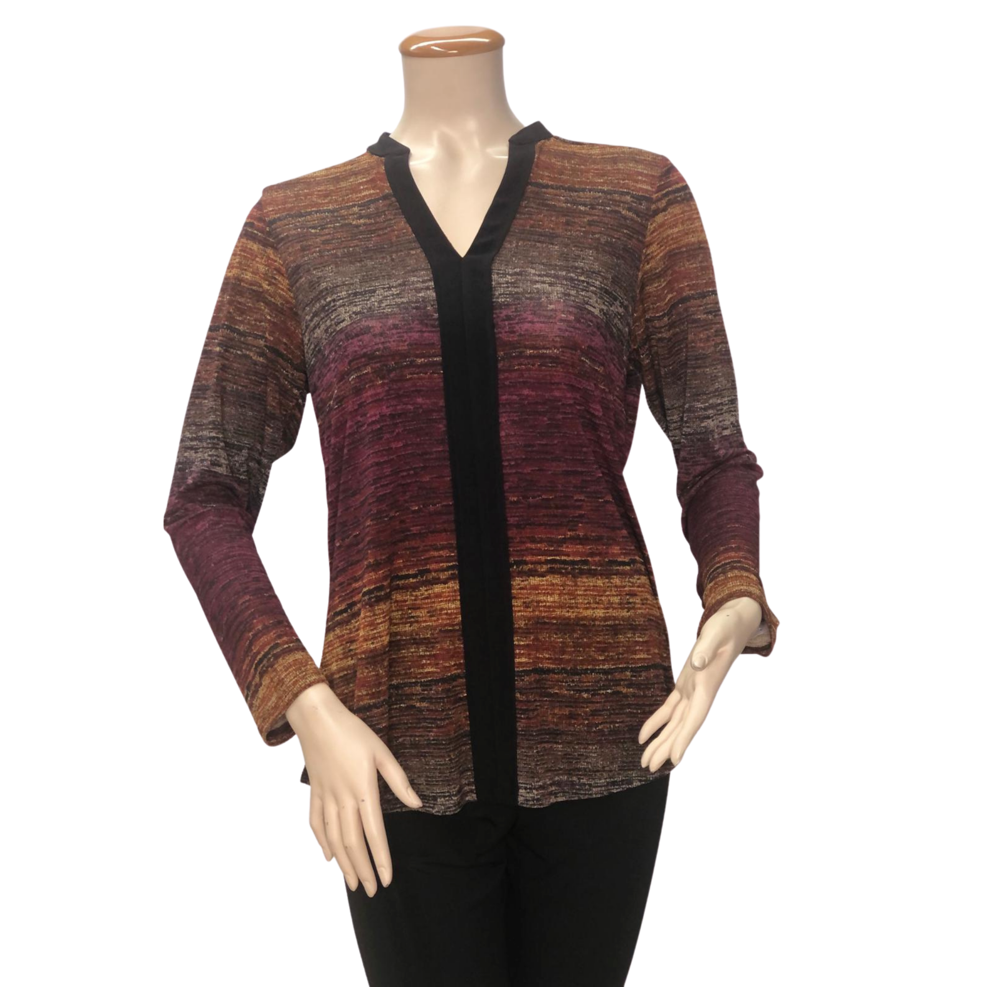 FASHQUE - LONG SLEEVE SPLIT-NECK PULLOVER TOP WITH PLACKET TRIM - T531